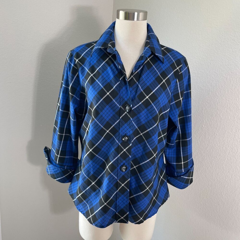Foxcroft Womens‎ 14P Wrinkle Free Fitted Plaid Button Up Shirt Blue Black Blouse
